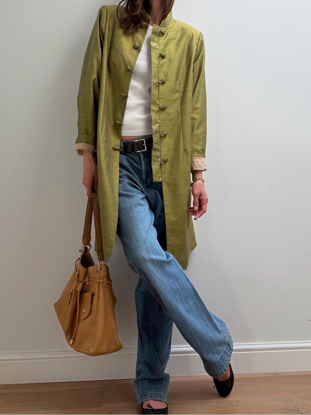 Frog closure coat olive green mandarin collar L-XL silk blend